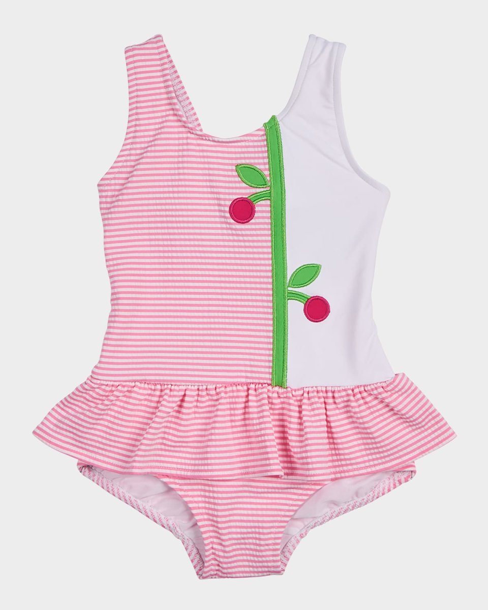 Girl's Cherry Skirted Seersucker One-Piece Swimsuit, Size 12M-24